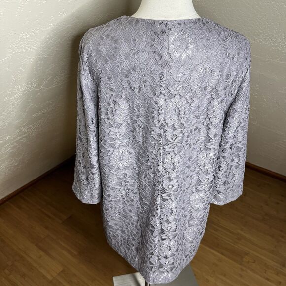 Chicos Topper Jacket Womens Medium 1 Gray Floral Lace Open 3/4 Sleeve Evening - Picture 11 of 11